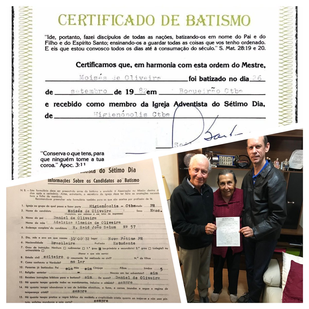 Não tenho a foto do meu batismo, mas guardo com muito carinho o certificado.
Tenho também uma cópia da ficha batismal preenchida pelo Pr. Scilas Barbosa com quem estou nessa foto juntamente com sua esposa.
#batismodaprimavera1982
#euvou
<a href="/Arelibarbosa/">Areli Barbosa</a>