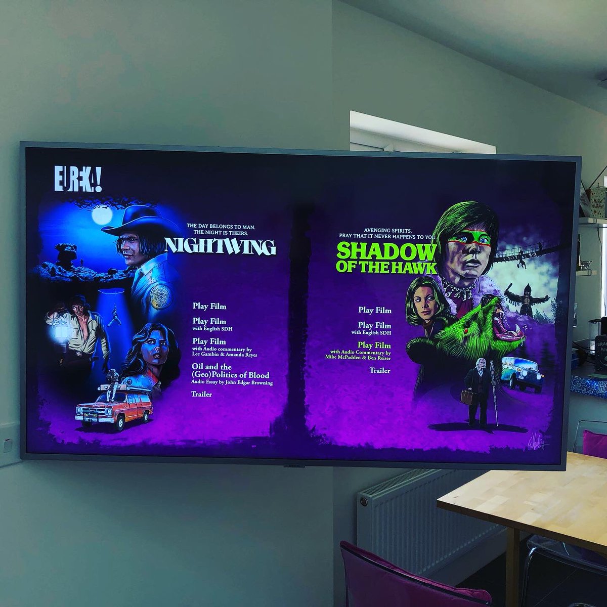 revpeterlaws's tweet photo. Now watching a Native American Horror Double bill from @Eurekavideo. Don’t you just love this artwork? #Nightwing #ShadowoftheHawk #shadowofthehawk1976 https://t.co/lB2iiS2kSo