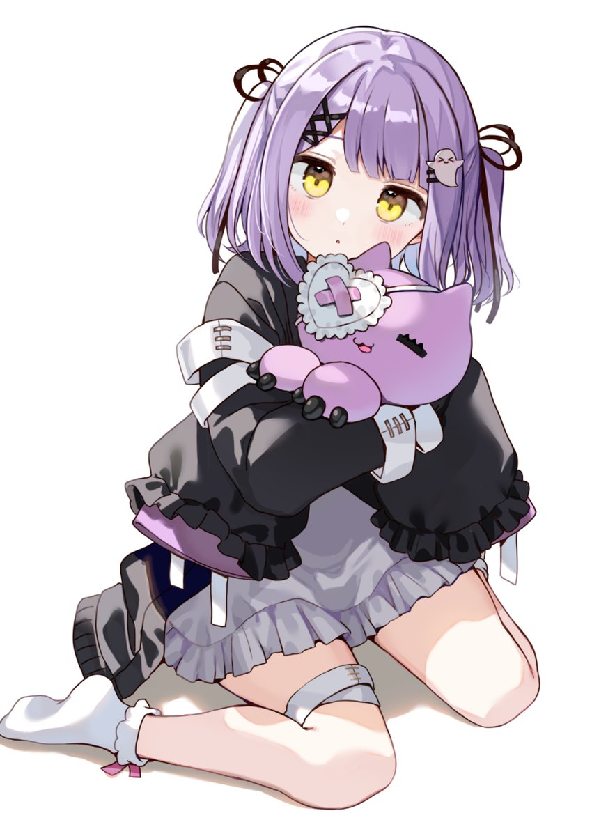 1girl purple hair stuffed toy yellow eyes dress jacket socks  illustration images