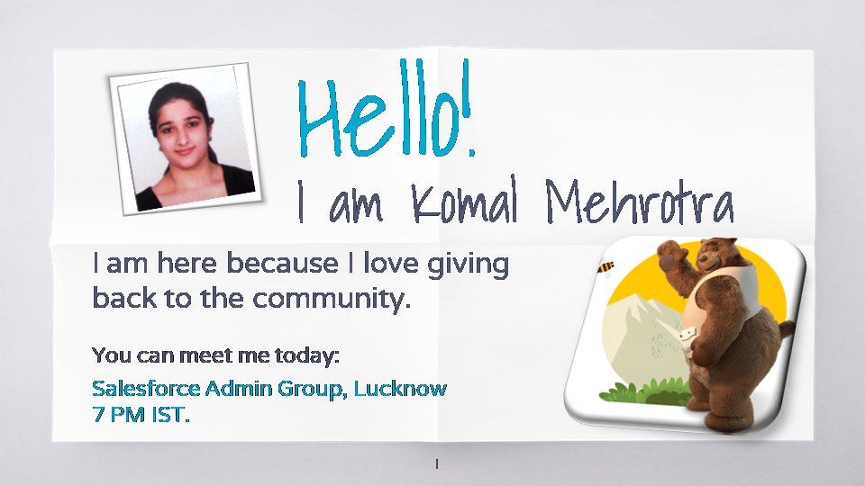 Komal Mehrotra (@komalmehrotra04) on Twitter photo Join us today @ 7 pm IST for moar fun and knowledge!!
<a href="/salesforce/">Salesforce</a> <a href="/LucknowSfGroup/">Lucknow Trailblazer Community</a> <a href="/vivekgupta_/">Vivek Gupta</a> #TrailblazerCommunity #LkoSFCommunity Join us today @ 7 pm IST for moar fun and knowledge!!
<a href="/salesforce/">Salesforce</a> <a href="/LucknowSfGroup/">Lucknow Trailblazer Community</a> <a href="/vivekgupta_/">Vivek Gupta</a> #TrailblazerCommunity #LkoSFCommunity