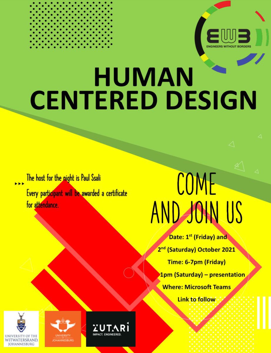 Hey EWB fam!

We have an exciting event coming up. The Human Centered Design(HCD) workshop. We are collaborating with EWB UJ. Our host is the awesome Paul Ssali. I hope you all can make it.

RSVP form: forms.gle/3Hnzxwc5SwqnoH…