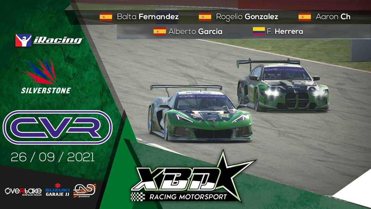 📡Segunda cita de la #CVR de la <a href="/DriversparadeCb/">Drivers Parade Club</a> 📡

Desde Silverstone tendremos a dos unidades listas:

GTE <a href="/alberto_g85/">Alberto García</a> y <a href="/valeariel88/">Fernando Herrera</a> 
GT3 <a href="/Rogelius2000/">Juanicolrx</a> <a href="/A_Ch_27/">Aaron Ch</a> y <a href="/XbdBalta1987/">BALTA FERNÁNDEZ</a> 

¡Suerte chicos!

#GreenPower #GoXBD

📹twitch.tv/driversparadec…
⏳14:20 aprox