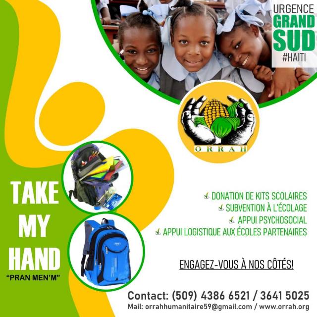 <a href="/OrrahHaiti/">ORRAH</a>  poursuit avec ses projets de soutien d'urgence aux victimes du grand Sud. Take M'y Hand une des réponses adaptées. Rejoignez nous !