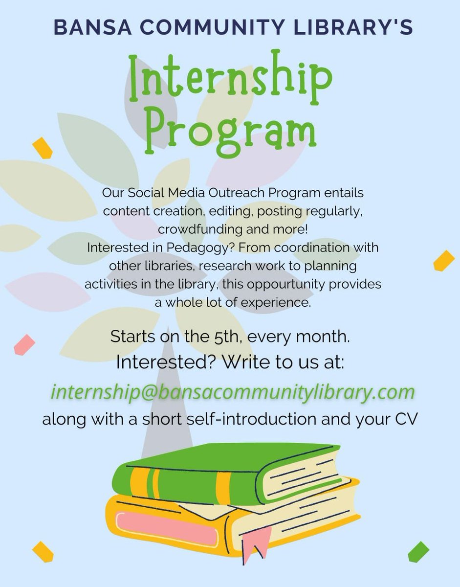 CALL FOR INTERNS 

We are looking for interns who can help us in Library's day-to-day task like cataloging, Reading Project, workshops, community mobilisation &amp;, fundraising, social media outreach etc. For more details, check out this link bansacommunitylibrary.com/internship/

#Internship