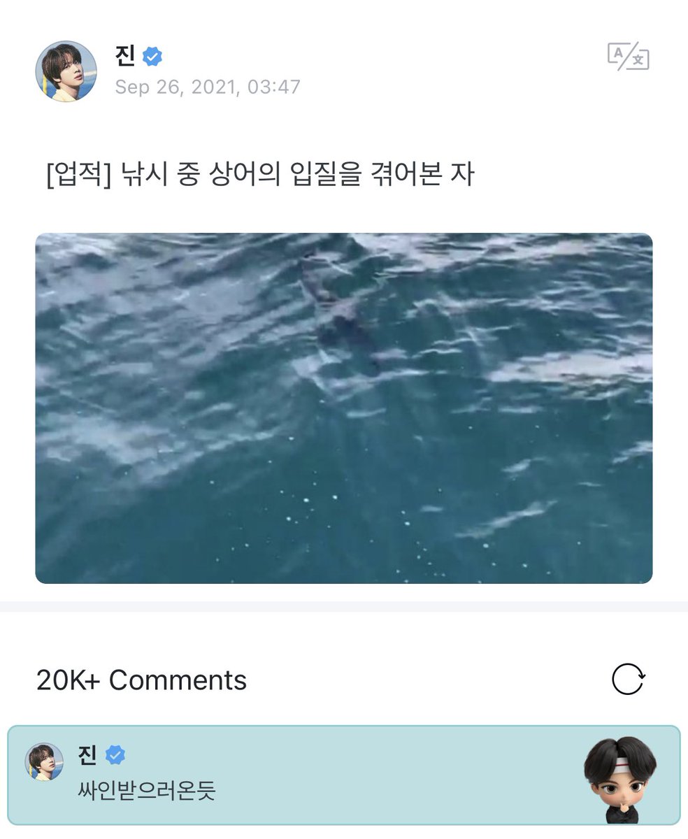 miiniyoongs's tweet photo. [210926 Jin Weverse Post + Comment]

🐹 [accomplishment] person who has experienced a shark biting the bait while fishing

🐹 seems like it came to get a signature

🐹 ah i should have asked the shark Do you know bts? https://t.co/mgqucyKjRo