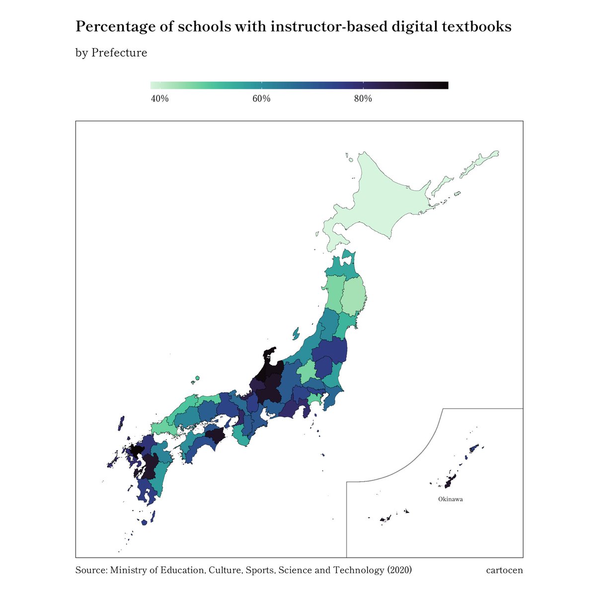 cartocen's tweet photo. Percentage of schools with instructor-based (teacher guides, etc) digital textbooks in each prefecture. 

#maps #DataViz #DataScience #rstats #地図 #地理 https://t.co/PsQOGryCb3