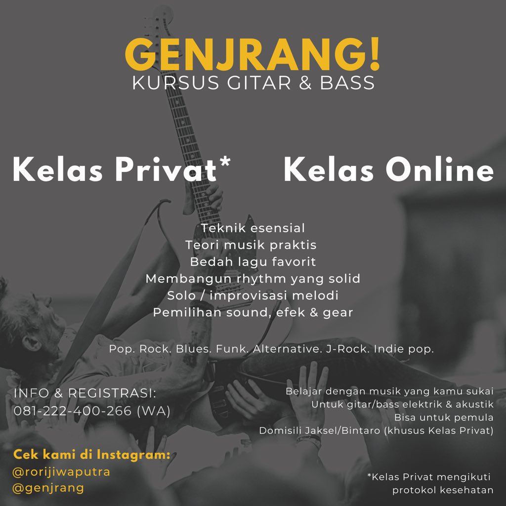 rorijiwaputra's tweet photo. Hai tuips. Gw lagi buka pendaftaran nih utk yang mau kursus gitar &amp; bass bulan Oktober. 

Thanks to twitter jg, selama 3 tahun ini, alhamdulillah kami sudah mengajarkan >100 murid. Testi ada di laman ig. 

Info lebih lengkap atau mau tanya2 bisa DM gw ya 😃. Thanks! https://t.co/RQgJjmCPJP