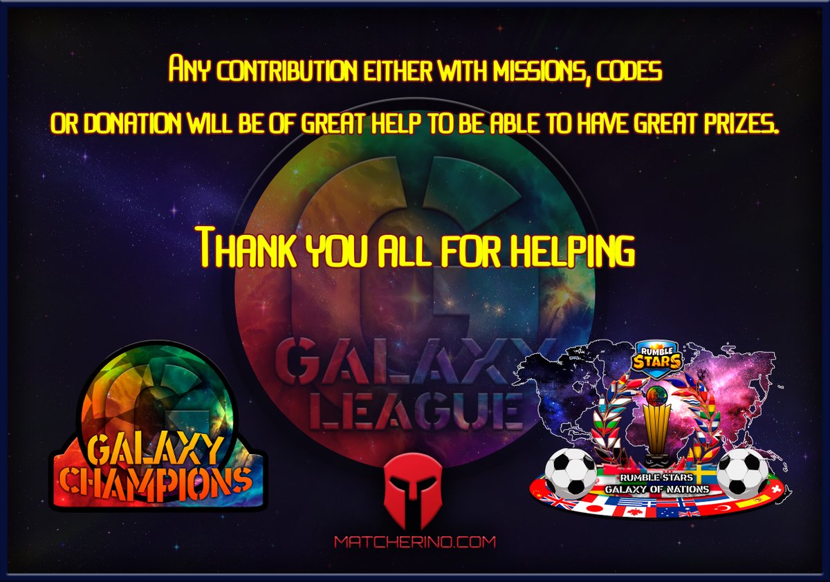We are in the final stretch of our tournaments in the Galaxy and we would like you to support us through 
<a href="/matcherino_/">Matcherino</a> to achieve great financial prizes.

Galaxy Nations: matcherino.com/tournaments/46…
Galaxy Champions: matcherino.com/tournaments/51…

Thanks to everyone for your support.