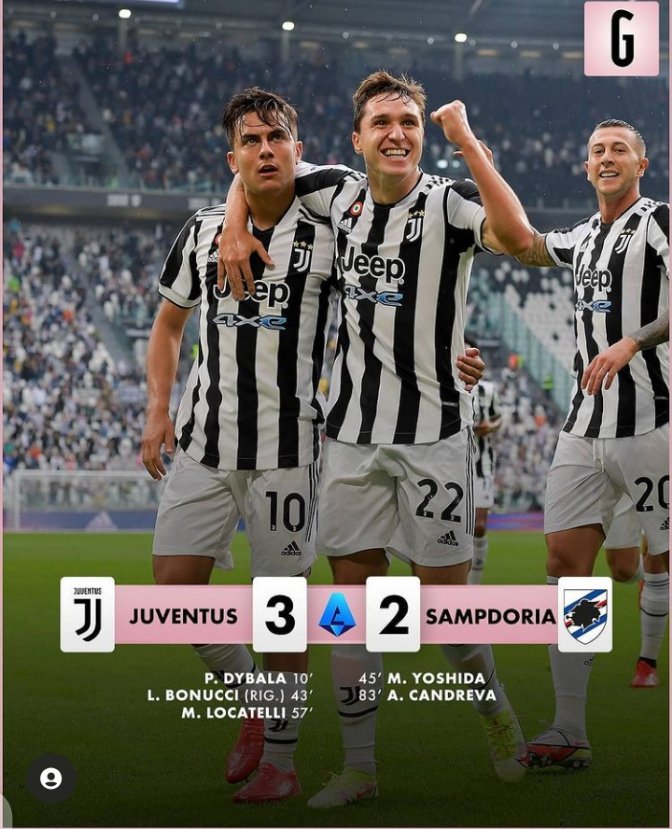 FT. Juventus 3-2 Sampdoria
Pertahanan Juventus masih jadi PR selama ini yang harus diperbaiki.

Komentar Kalian???

#ForzaJuve
#FinoAllaFine