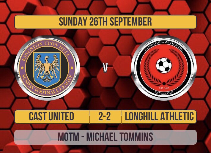 Full time result:
Cast United 2-2 Longhill Athletic

5-6 on Penalties meaning Longhill advance into the next round of the Vice Presidents cup! 🏆 

Goal scorer:
Ashley Jessop (2)

MOTM - Michael Tommins

#LonghillAthletic #IntoTheNextRound #TheReturn