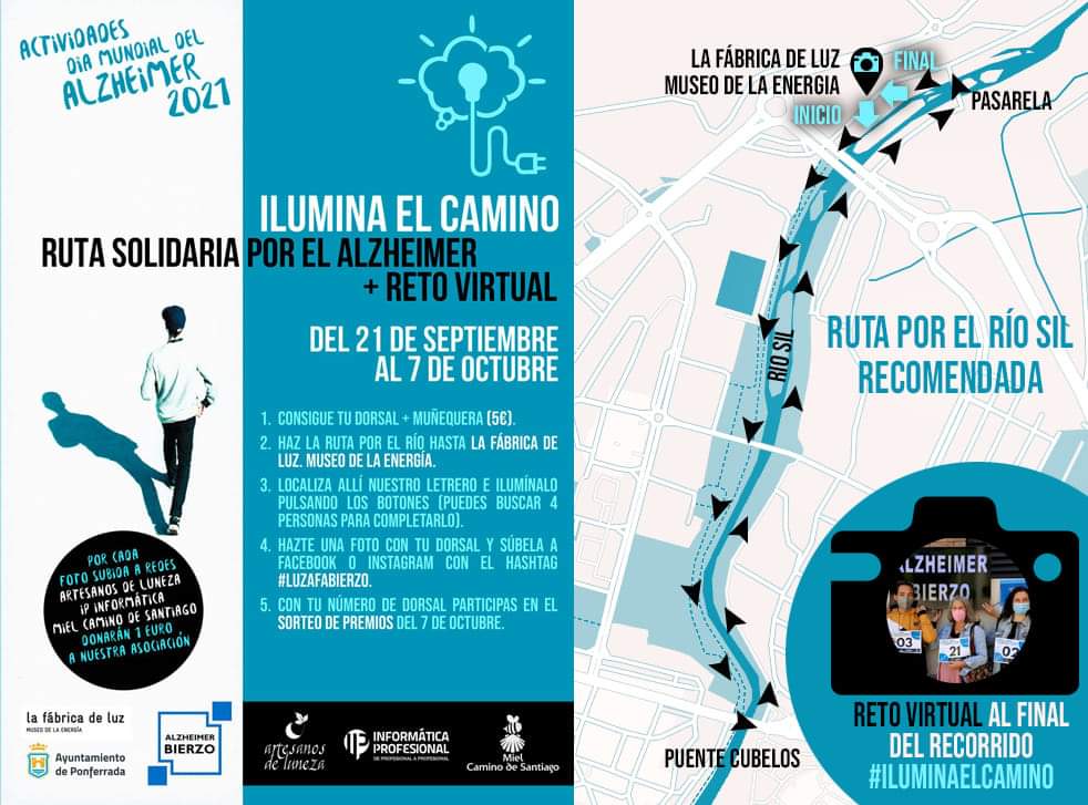 AlzheimerBierzo's tweet photo. #RUTASOLIDARIA POR EL #ALZHEIMER + #RETOVIRTUAL #ILUMINAELCAMINO
Se puede realizar hasta el 7 de octubre, en cualquier día y horario. Proponemos un recorrido circular por el río hasta La Fábrica de Luz donde puedes realizar el reto virtual y subir tu foto a redes para colaborar. https://t.co/taE2EftXVb