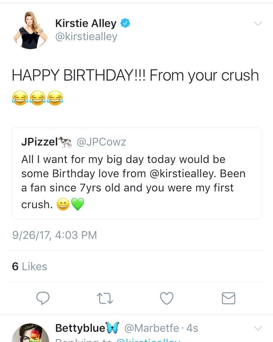 JPCowz's tweet photo. I may not post on here often but I will always repost this every year on my big day when @kirstiealley made a long time fan’s bday wish come true! You’re still my No. 1. 😀😂👍💚 https://t.co/TcAJc27uYh