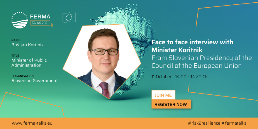 FERMARISK's tweet photo. Do not miss #FERMA's exclusive interview with Slovenian Minister of Public Administration @BostjanKoritnik of the #SlovenianPresidency on 11 October 14:00-14:20! Learn about the link between #cyberrisk and #resilience from a #policyperspective. More info: https://t.co/B7S6nFsZcD https://t.co/btanukC0Ln