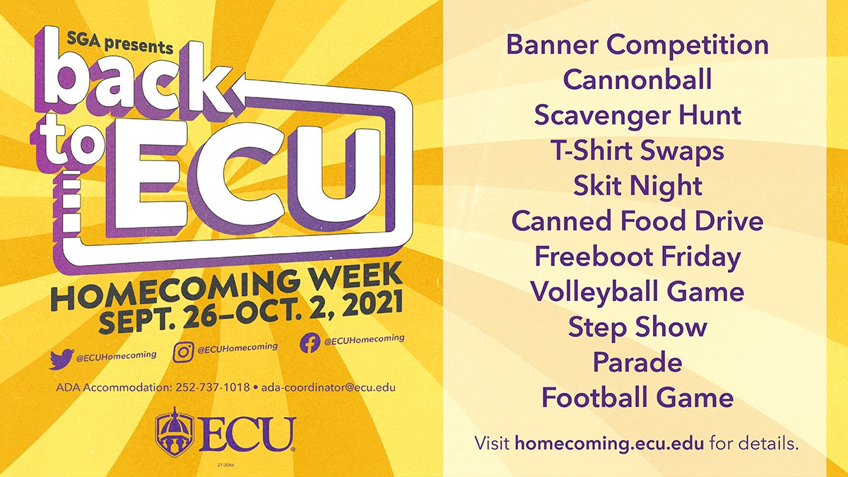 ECU (@eastcarolina) on Twitter photo Somebody say #ECUHomecoming?
Back to ECU Homecoming Week — presented by <a href="/SGA_ECU/">ECU Student Govt.</a> — begins today 🎉
Check out all the events ➡️ homecoming.ecu.edu Somebody say #ECUHomecoming?
Back to ECU Homecoming Week — presented by <a href="/SGA_ECU/">ECU Student Govt.</a> — begins today 🎉
Check out all the events ➡️ homecoming.ecu.edu