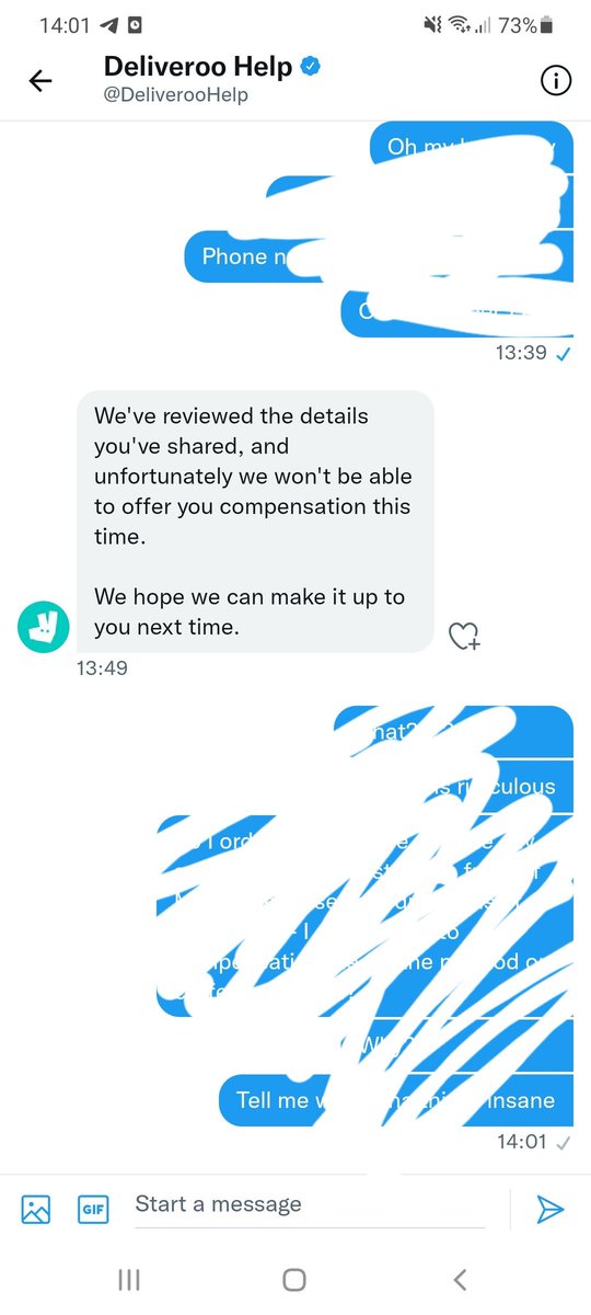 BlessElska's tweet photo. @DeliverooHelp Deliveroos response after their driver spilled my order on the street in front of me - I didn't get a thing from it and no compensation. Brilliant customer service ha ha ha https://t.co/u5E5EG0yoc