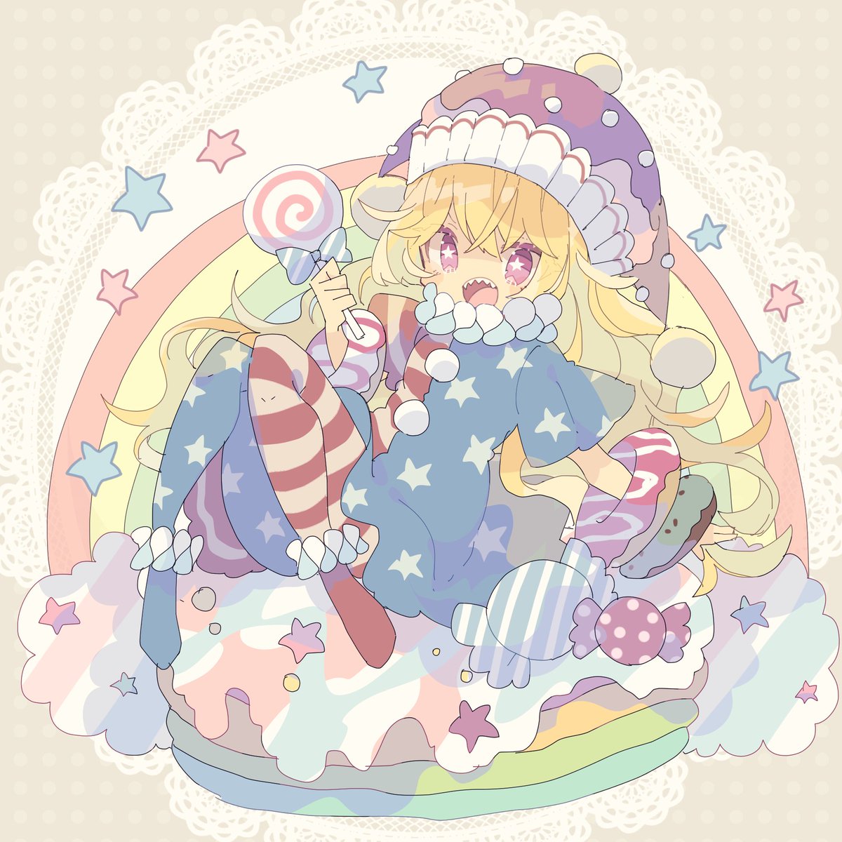 clownpiece 1girl solo polka dot long hair blonde hair hat food  illustration images