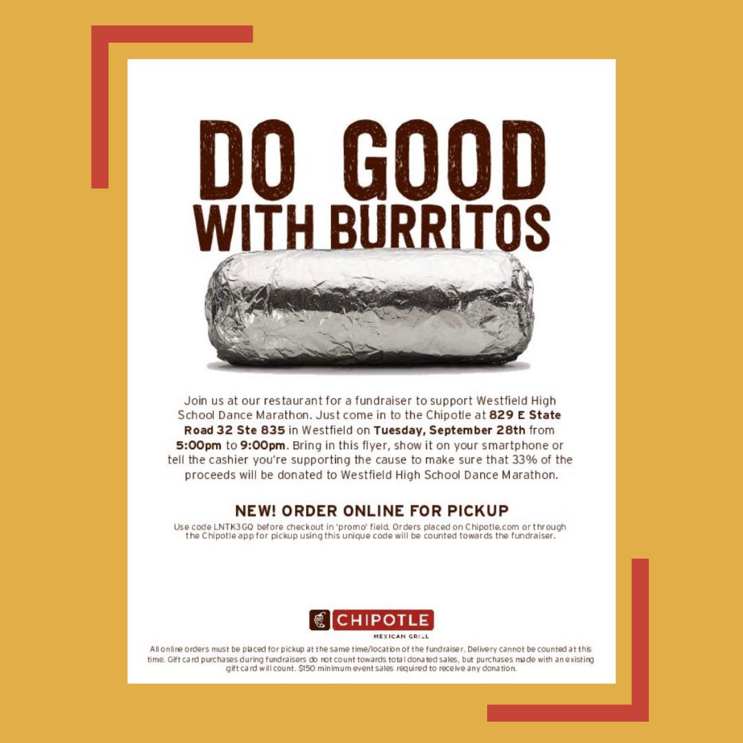 Dine to donate this Tuesday the 28th!! Help support WHSDM by eating Chipotle from 5:00pm-9:00pm! Make sure to let them know at the register that you are there for Westfield Dance Marathon or use the online code LNTK3GQ.
#miracles #rileykids #kidscantwait