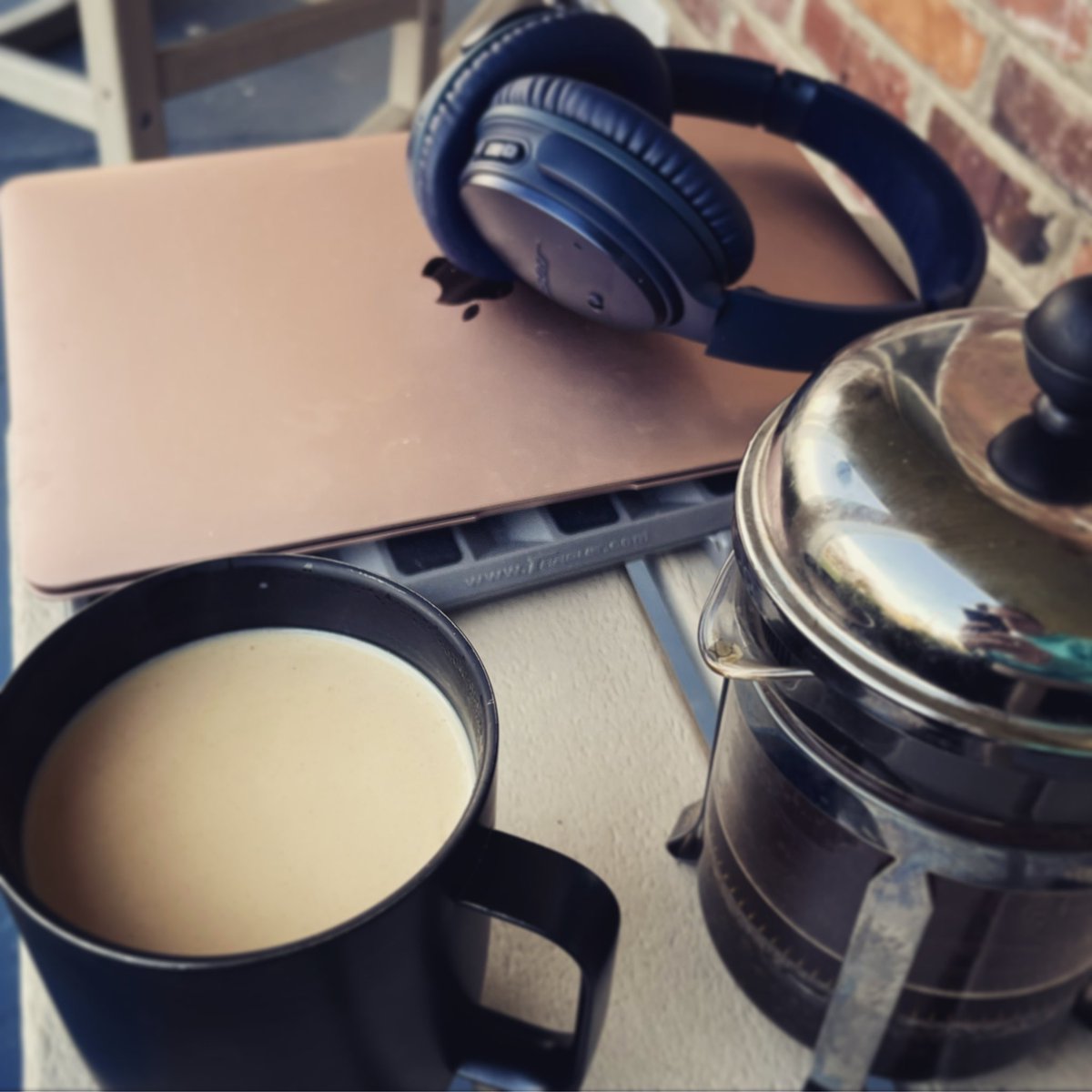 Early morning writer’s toolkit. Coffee, laptop, and noise canceling headphones because Larry across the street is cutting his damp grass at 8am. It’s not so much the lawnmower but the rampant swearing that necessitates the headphones 🙃 #amwriting #mmromance #morningroutine
