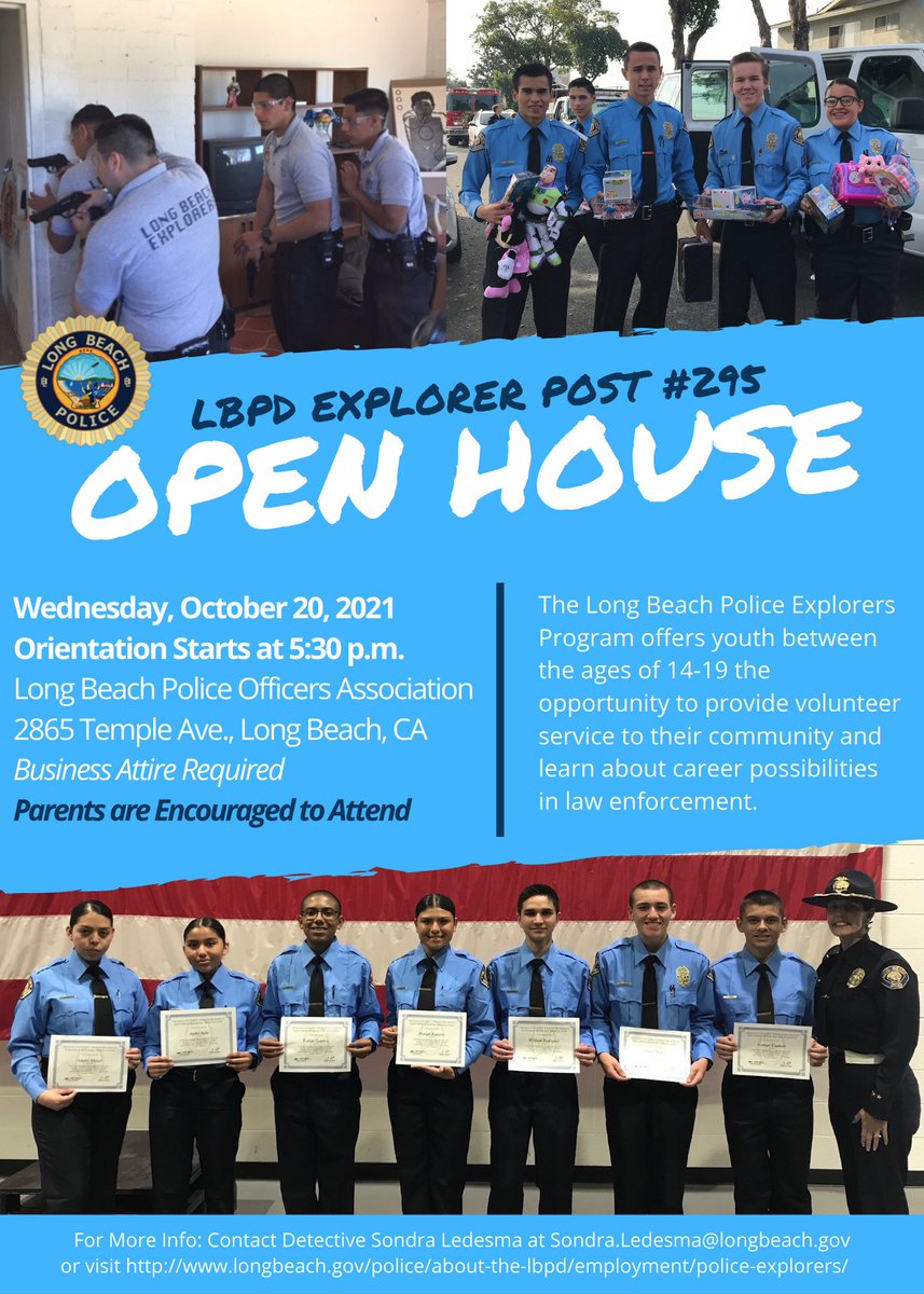 Do you know a 14-19 year-old looking to make a difference in our #LongBeach community? We're looking for candidates for our #LBPDExplorers program❗ 

📅 Applications due Oct. 13
📅 Open House on Oct. 20

To find the program application and learn more ➡️ bit.ly/3CGpglG