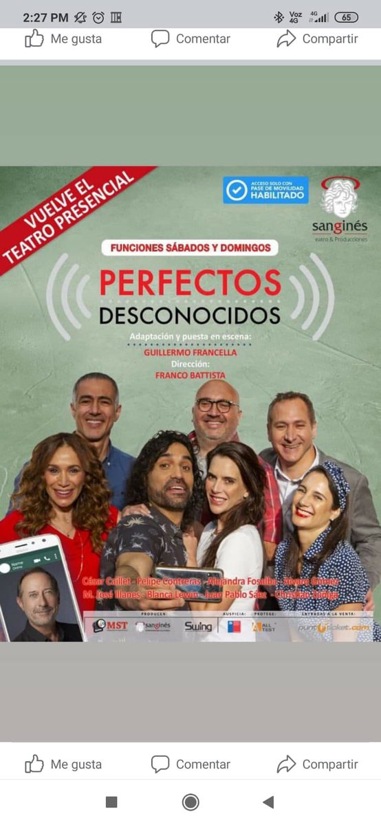 Hoy a las 18:00 #PerfectosDesconocidos en <a href="/SanGinesteatro/">Teatro San Ginés</a> última función de Septiembre. Entradas disponibles en sangines.cl y en puntoticket.com