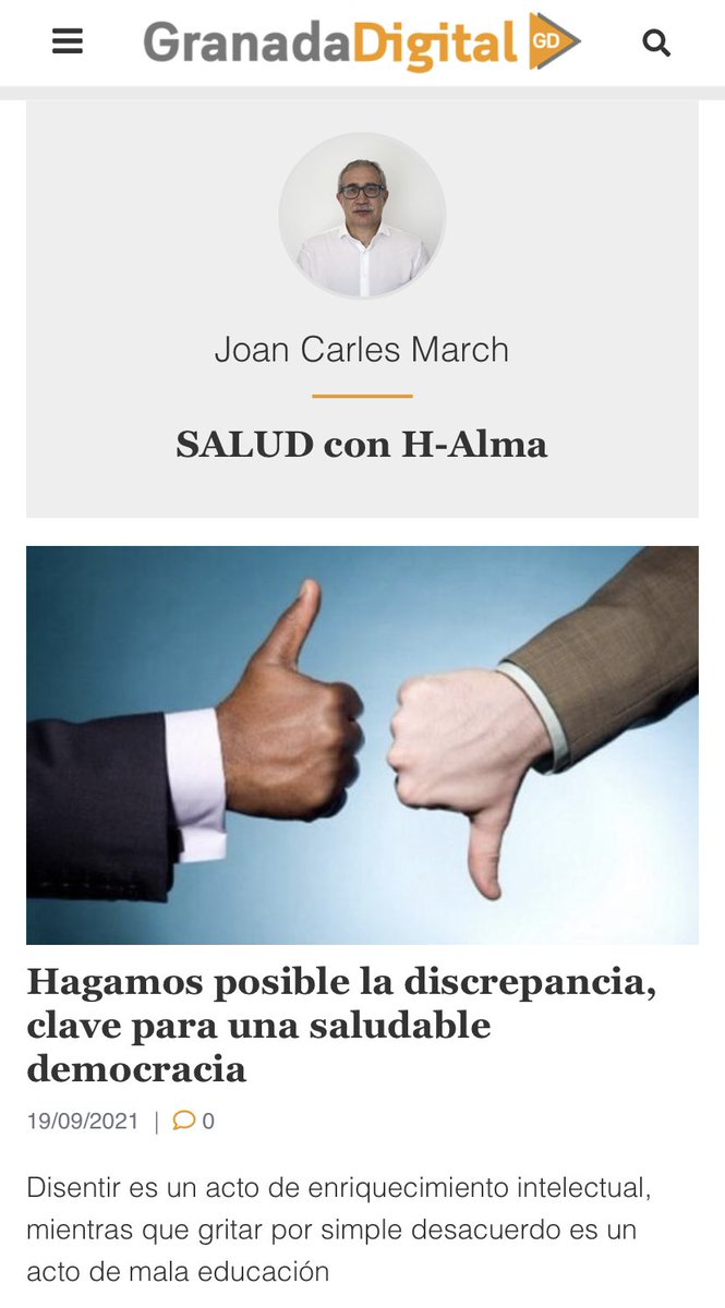 joancmarch's tweet photo. Hagamos posible la #discrepancia, clave para una saludable #democracia
Mi artículo de los domingos en @granadadigital
✅ https://t.co/dHxJuL3UzT
#Disentir es un acto de enriquecimiento intelectual, mientras que #gritar por simple desacuerdo es un acto de mala educación https://t.co/o8BrQgmolw