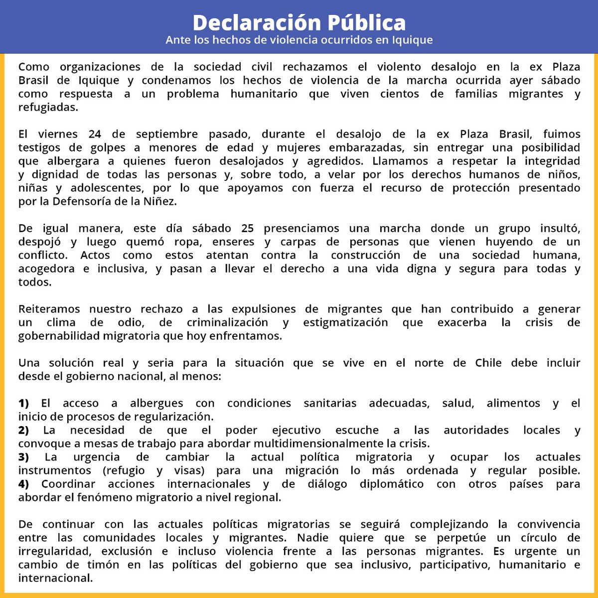 SJMChile's tweet photo. ⚠️Compartimos Declaración Pública suscrita por más de 20 organizaciones de la sociedad civil, ante los graves hechos de #Iquique que afectaron a personas #migrantes👉https://t.co/IfS3owU9q7 https://t.co/fYNvYM2uPI
