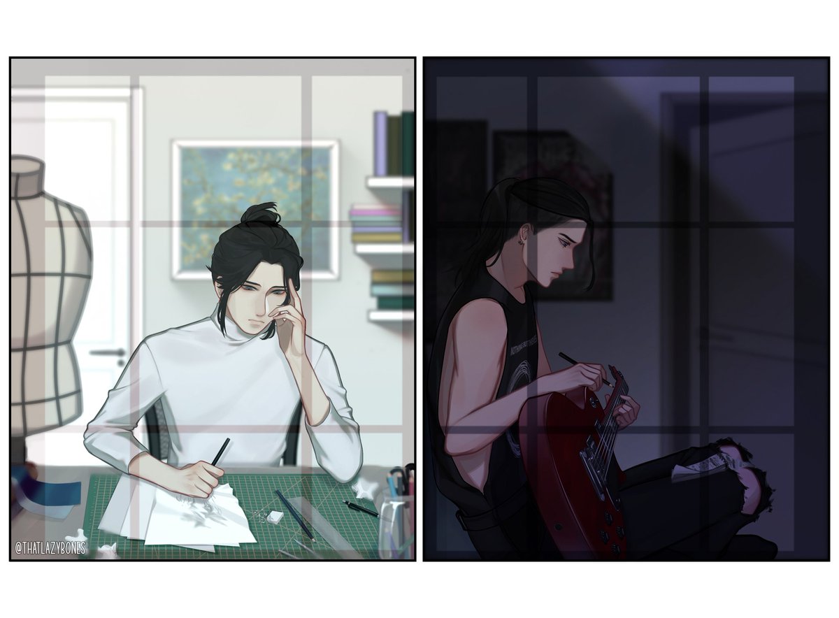 thatlazybones's tweet photo. Yayy finally!ヾ(･ω･*)ﾉ 
Here's my art for the #2hamidibang collab with the amazing @peachieyums for their fic "a good song never dies", a ranwan Band AU!! 🎸💚🎶

Fic link and more art below! (1/2)⬇️
#2ha #二哈和他的白猫师尊 https://t.co/0ZGdTwzSEm