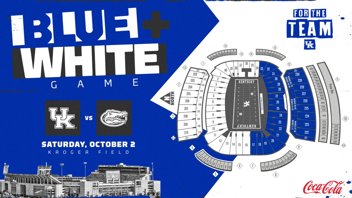 UKFootball's tweet photo. Next Saturday's night game vs. Florida will be our Blue+White game 🔵⚪️

North (away) side of Kroger Field, + student section, we're asking you to wear white. South (home) side, you wear Blue

Let's get Kroger Field rocking #ForTheTeam 😼🏈 https://t.co/K1GvV9Mu82