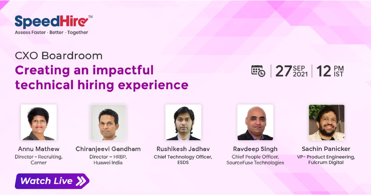 speed_hire's tweet photo. Join us for a live CXO SpeedHire Boardroom on “Creating an impactful technical hiring experience” -> https://t.co/l53m6EDs3s
Date: 27th September 2021
Time: 12 PM IST
#SpeedHire #TechTalent #TechHiring #AssessmentSimplified #TalentAssessmentSimplified #RemoteHiring https://t.co/mzZmb9MqlX