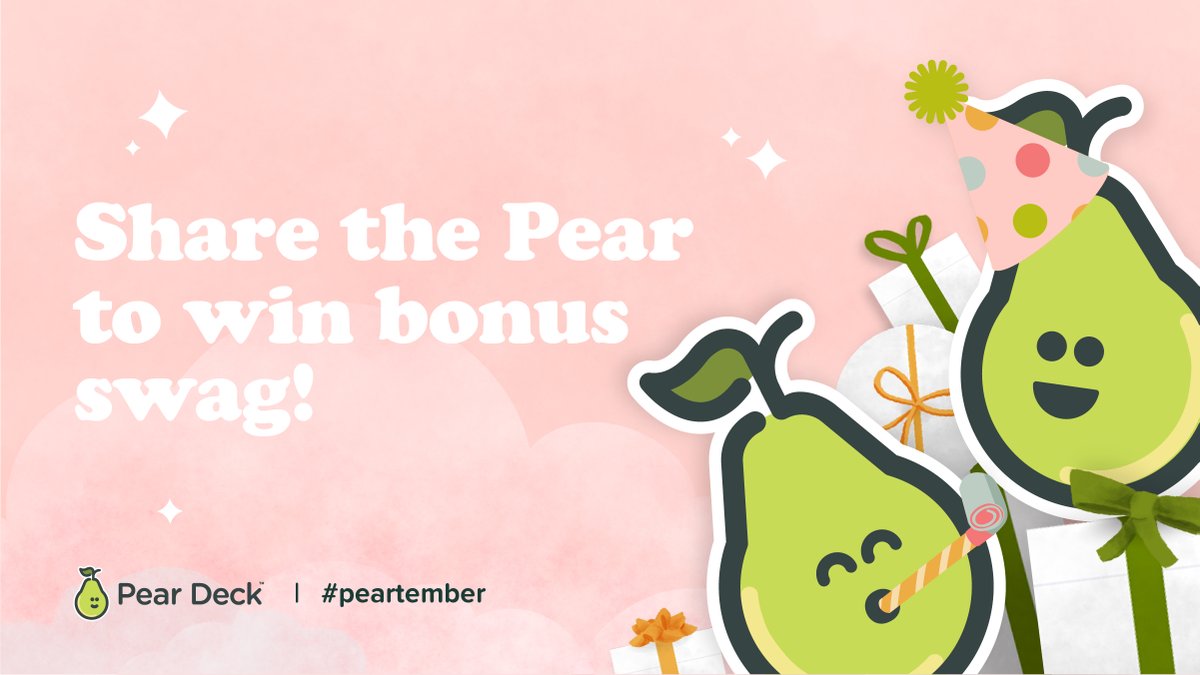 PearDeck's tweet image. As part of our #Peartember celebration, teachers who #ShareThePear have a chance to win su-pear size swag packs! 😉 Just put “Peartember” in the description!

🎉 Fill out the Share the Pear form: hubs.ly/H0Y5XK50

🎉 Learn more about Peartember: hubs.ly/H0Y5Pq60