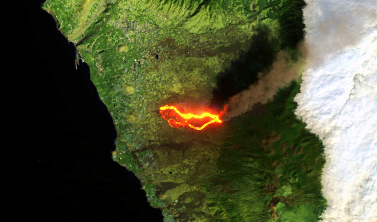 Ya la tenemos aquí. #Landsat8 nos trae hoy la imagen más nítida del #volcanCumbreVieja con su colada y la columna de humo saliendo del cráter. No puede ser más perfecta 🛰️🌋
#LaPalma #volcan #ErupcionLaPalma