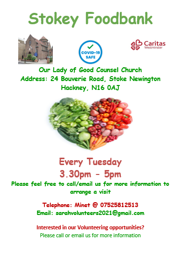 CaritasWestm's tweet photo. Your regular reminder that the Stokey #foodbank will be open on Tuesday afternoon - Our Lady's church, Bouverie Road. 

Spread the word, especially to anyone who's struggling in Stoke Newington - or to anyone keen to #volunteer 

#MondayMotivation https://t.co/4ji2Yhp1v3