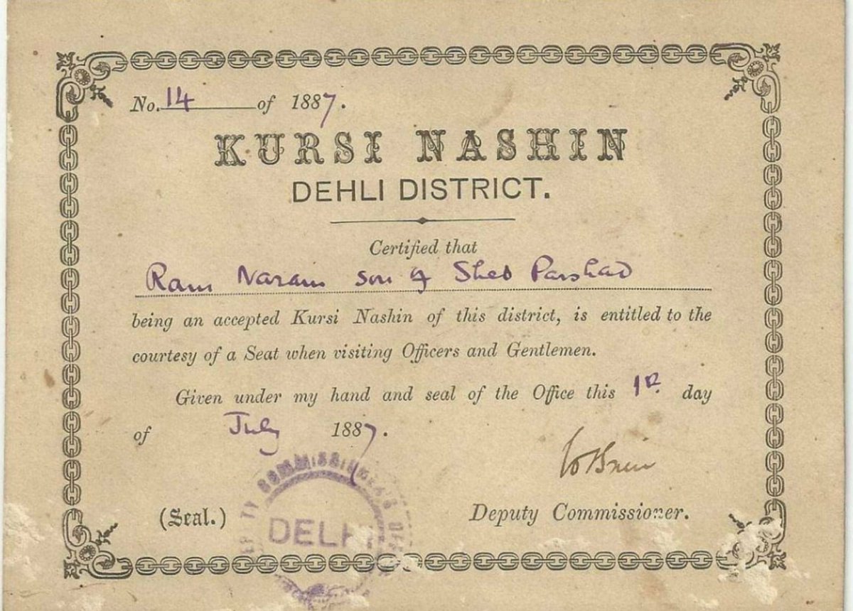 nandinisgTOI's tweet photo. A Kursi Nashin from 1887. Back then Indians needed this paper to be allowed to take a seat while waiting for a British officer or gentleman https://t.co/BfqaQ7nV7K