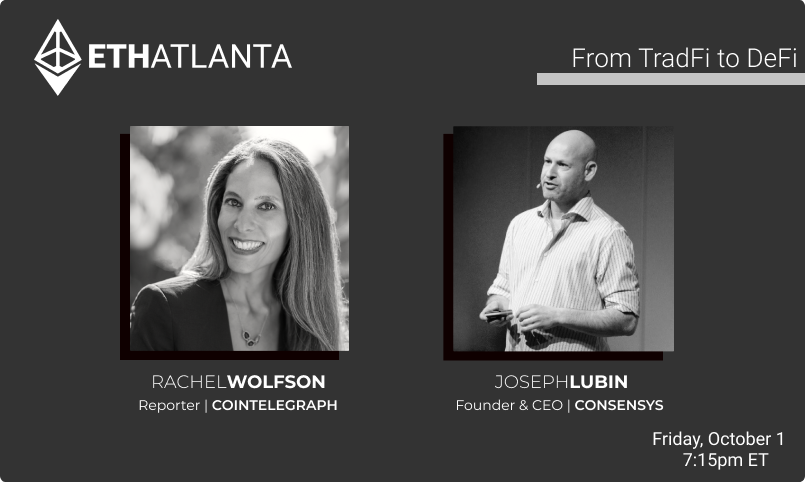 eth_atl's tweet photo. Please join us this Friday for a special #EthATL keynote!

@Rachelwolf00 from @Cointelegraph will discuss the global implications of accelerated DeFi adoption with @ethereumJoseph 

This is a key shift becoming even more meaningful to all of us and our collective future... https://t.co/l1Hv1smunH