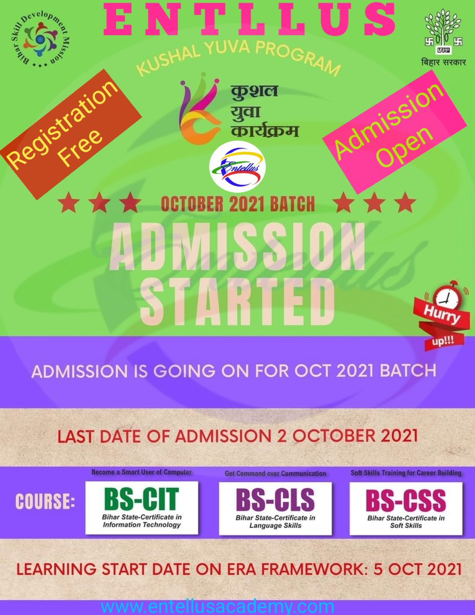 Entellusparsa's tweet photo. नामांकन कराए #Bihar_No_1 #Skill_Development_Center Entellus Parsa  में

#Hurry_Up_Guys....
#Free_Registration कराए...
#Admission_Open for #New_Batches https://t.co/J9Sx4PjVCs