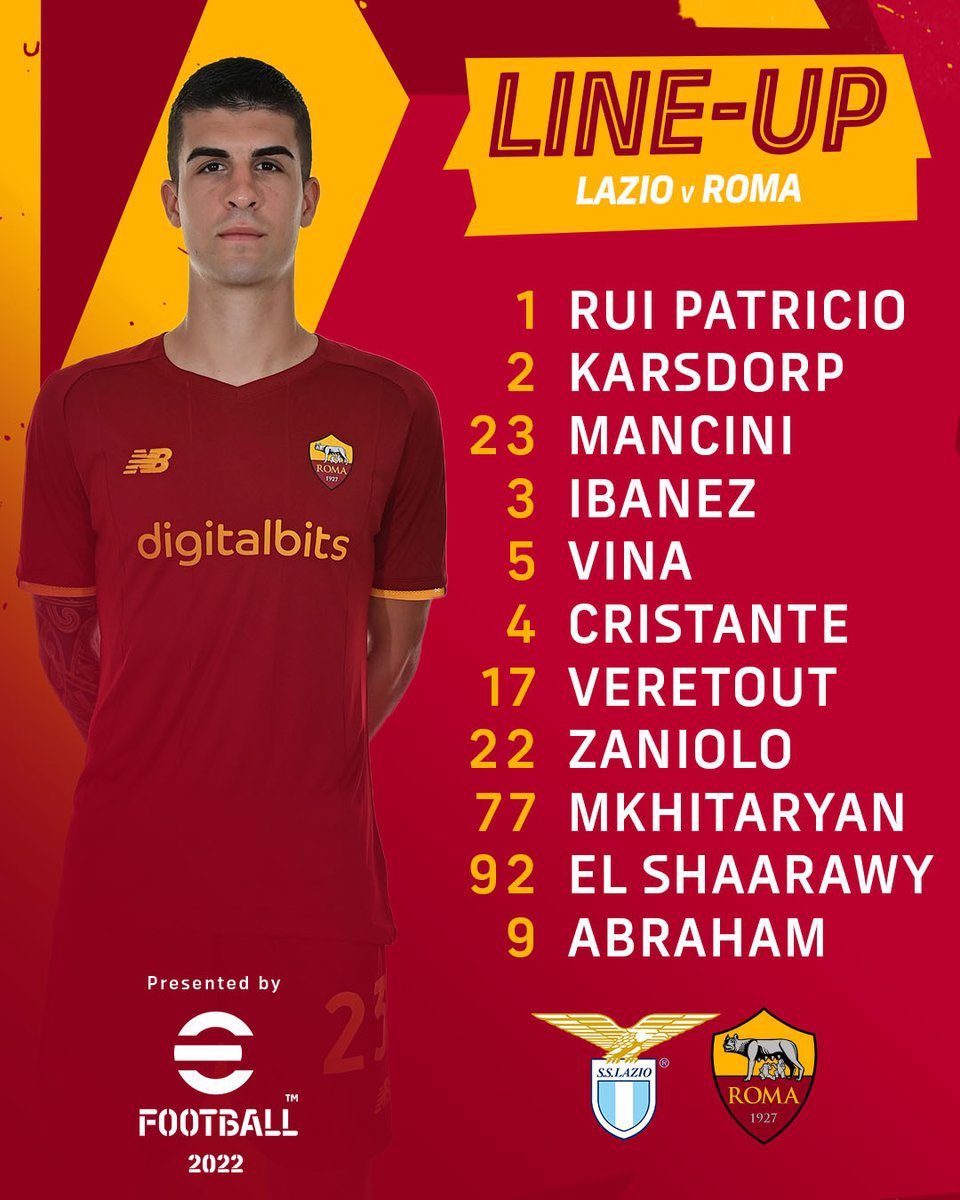 🟡📋🔴
 
Here’s our derby day XI 👊

Matias Vina returns to action, Stephan El Shaarawy is the man to replace the suspended Lorenzo Pellegrini.

🐺 DAJE! 🐺
  
#ASRoma #LazioRoma