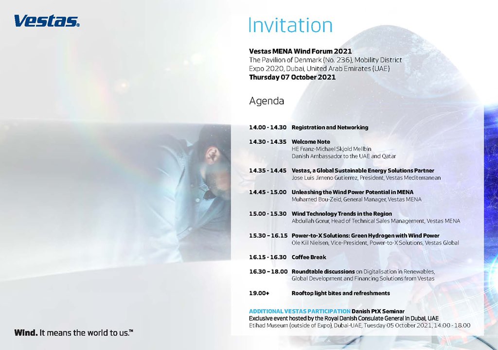 MuhamedZeid's tweet photo. Learn how to develop optimised renewable plants to levelise the cost of energy with wind power technology, advanced analytics &amp; financing solutions from @Vestas.
 
Check out the https://t.co/PrAGkQUyr3 &amp; join us at the #DenmarkPavilion @expo2020dubai
 
👉🏻 https://t.co/nytzVAdvI4 https://t.co/A660pNVSAR