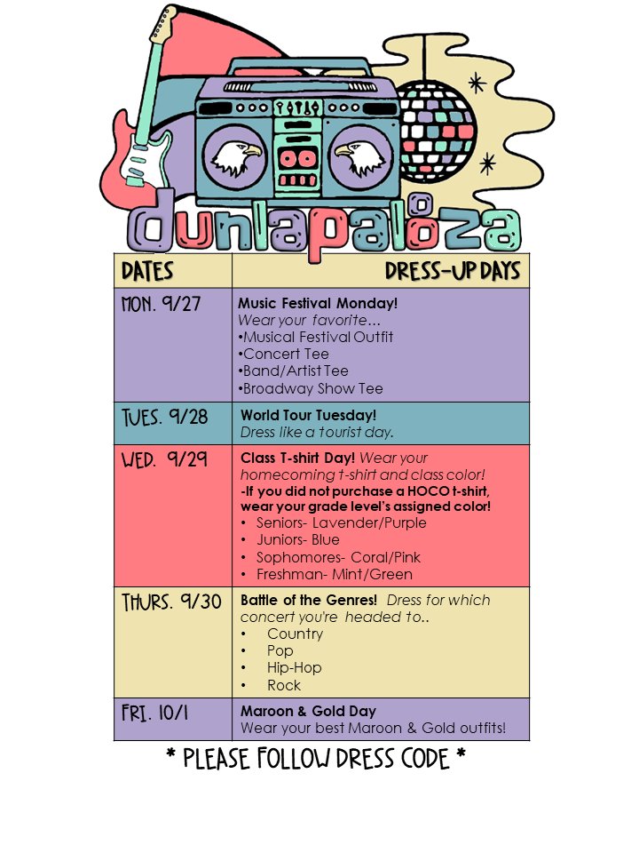 DUNLAPSTUCO's tweet photo. DHS HOMECOMING WEEK STARTS TOMORROW 🎶🎸💿🎹🎷🎚🎙🎺🎵🎼 All events, details &amp; dress-up days in photos below!
#dunlapalooza #homecomingweek2021 #hoco2021  #teamdunlap https://t.co/dkuWjaP86L