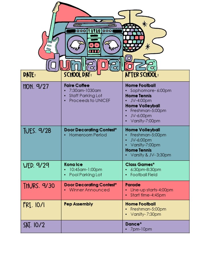 DUNLAPSTUCO's tweet photo. DHS HOMECOMING WEEK STARTS TOMORROW 🎶🎸💿🎹🎷🎚🎙🎺🎵🎼 All events, details &amp; dress-up days in photos below!
#dunlapalooza #homecomingweek2021 #hoco2021  #teamdunlap https://t.co/dkuWjaP86L