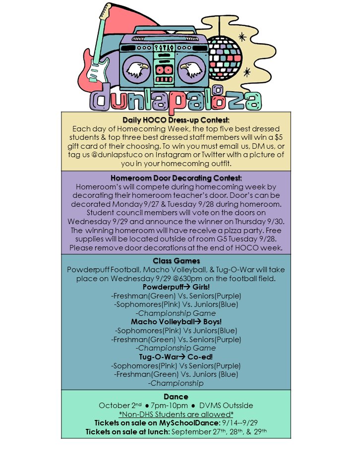 DUNLAPSTUCO's tweet photo. DHS HOMECOMING WEEK STARTS TOMORROW 🎶🎸💿🎹🎷🎚🎙🎺🎵🎼 All events, details &amp; dress-up days in photos below!
#dunlapalooza #homecomingweek2021 #hoco2021  #teamdunlap https://t.co/dkuWjaP86L