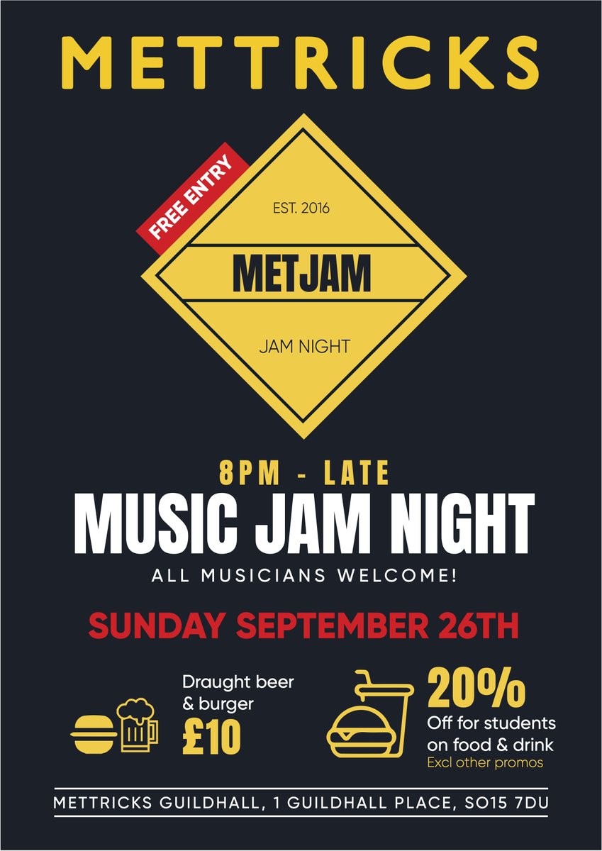 Tonight’s the night, the first of our weekly Jams!🎸

MetJam returns to Mettricks Guildhall at 8pm tonight with epic live music, tasty burgers, beers &amp; 2-4-1 cocktails! The perfect way to round off the weekend!🍻

fb.me/e/1MRhDE8d8