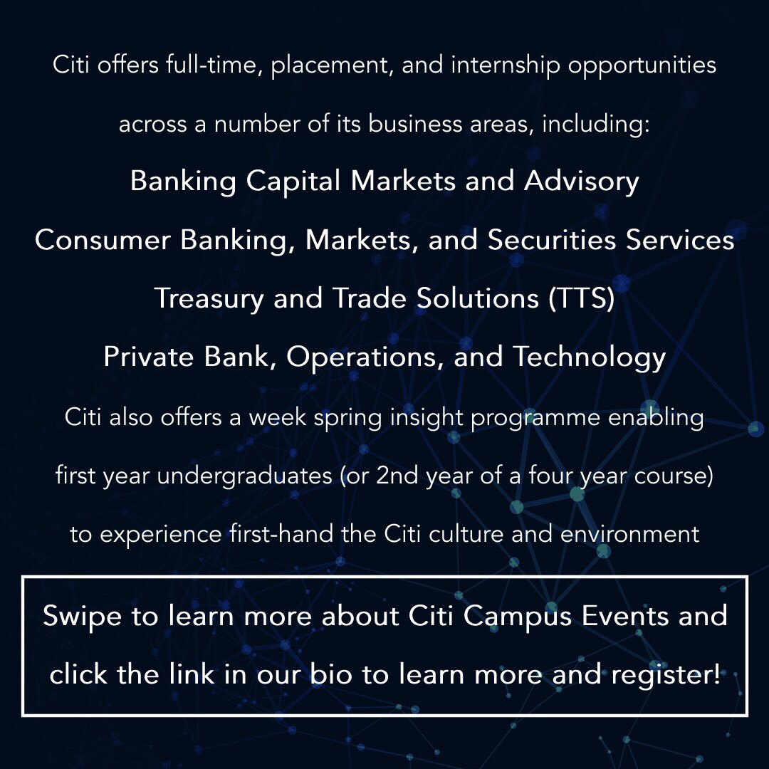 thedatasoc's tweet image. Beginning this week, our sponsor Citi will be hosting a wide range of virtual campus events to offer an insight into their business areas and opportunities💡

Check out the catalogue of events and register 👉 citigroupinc.turtl.co/story/citi-cam…