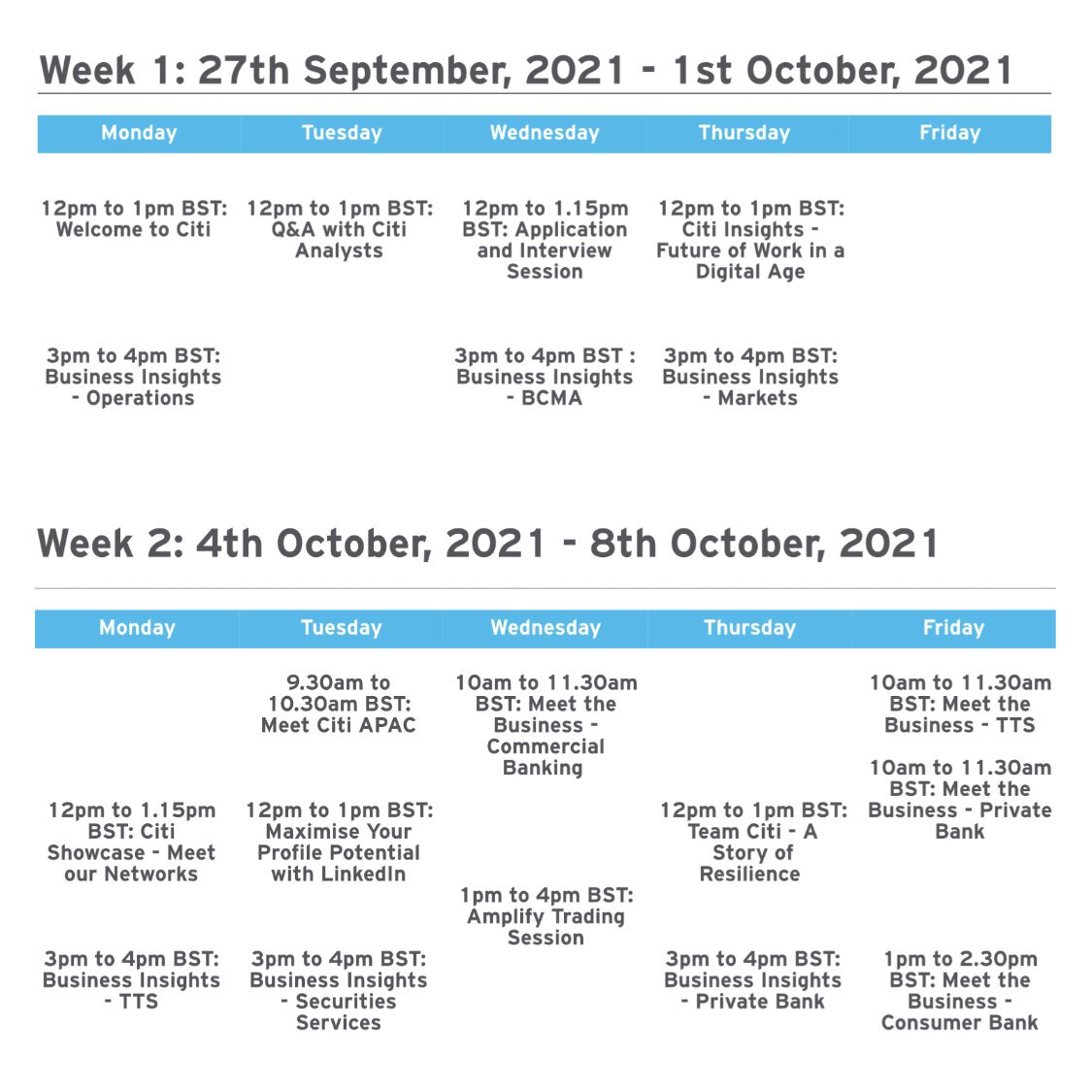 thedatasoc's tweet image. Beginning this week, our sponsor Citi will be hosting a wide range of virtual campus events to offer an insight into their business areas and opportunities💡

Check out the catalogue of events and register 👉 citigroupinc.turtl.co/story/citi-cam…