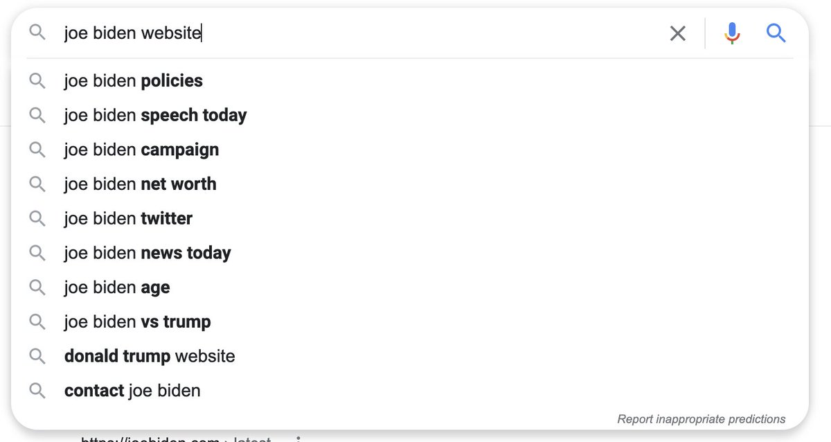 petermikitsh's tweet photo. .@Google serving a premium autocomplete experience for Trump queries; Biden for comparison https://t.co/Yl5AEfxcmc