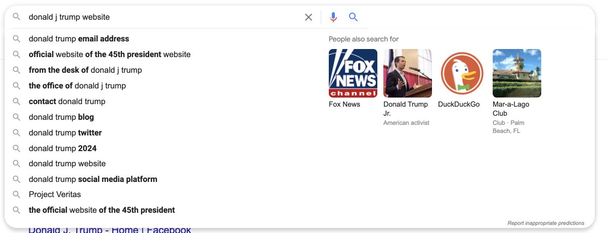 petermikitsh's tweet photo. .@Google serving a premium autocomplete experience for Trump queries; Biden for comparison https://t.co/Yl5AEfxcmc