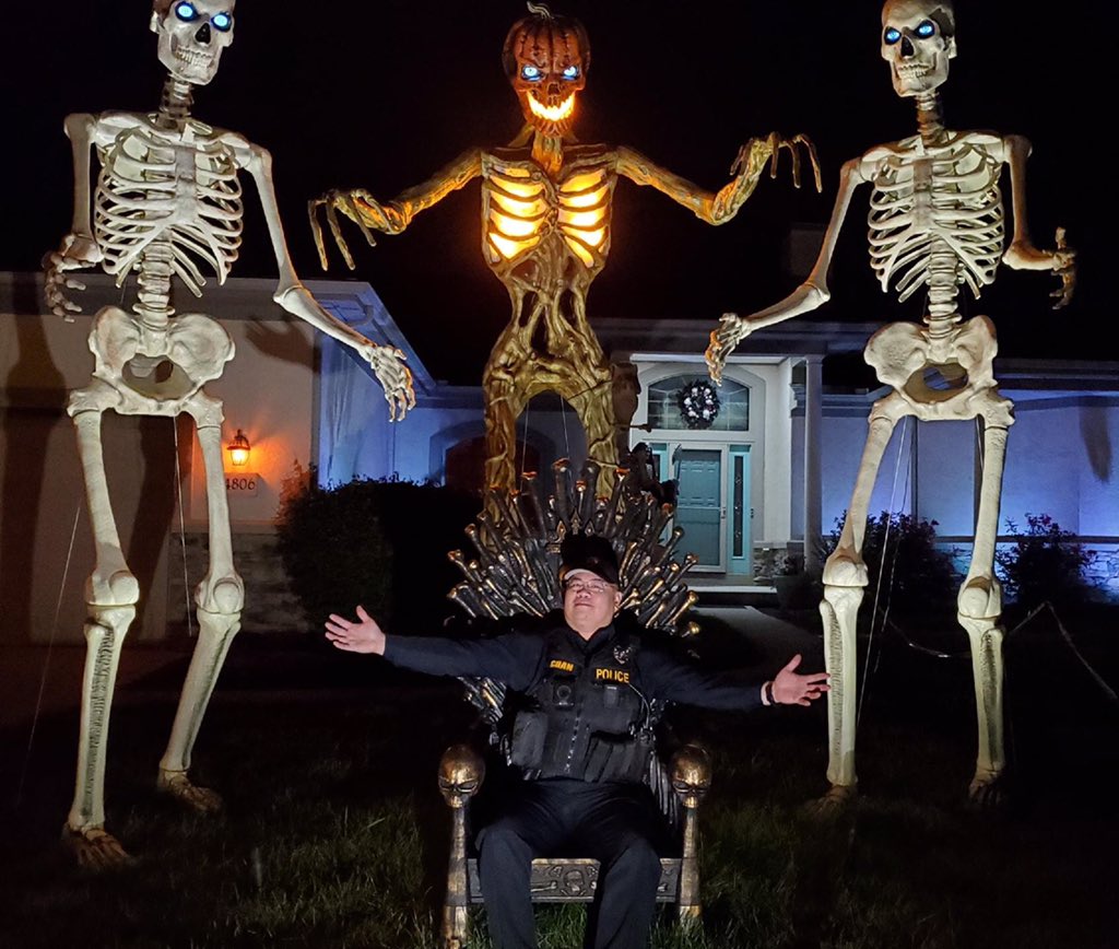 Our 3rd shift officers often run into unusual things during late night foot patrol.  Last night Sgt Chan took a break with some gigantic, if a bit early, Halloween decorations.  Many of our residents really know how to participate in the seasons!!!