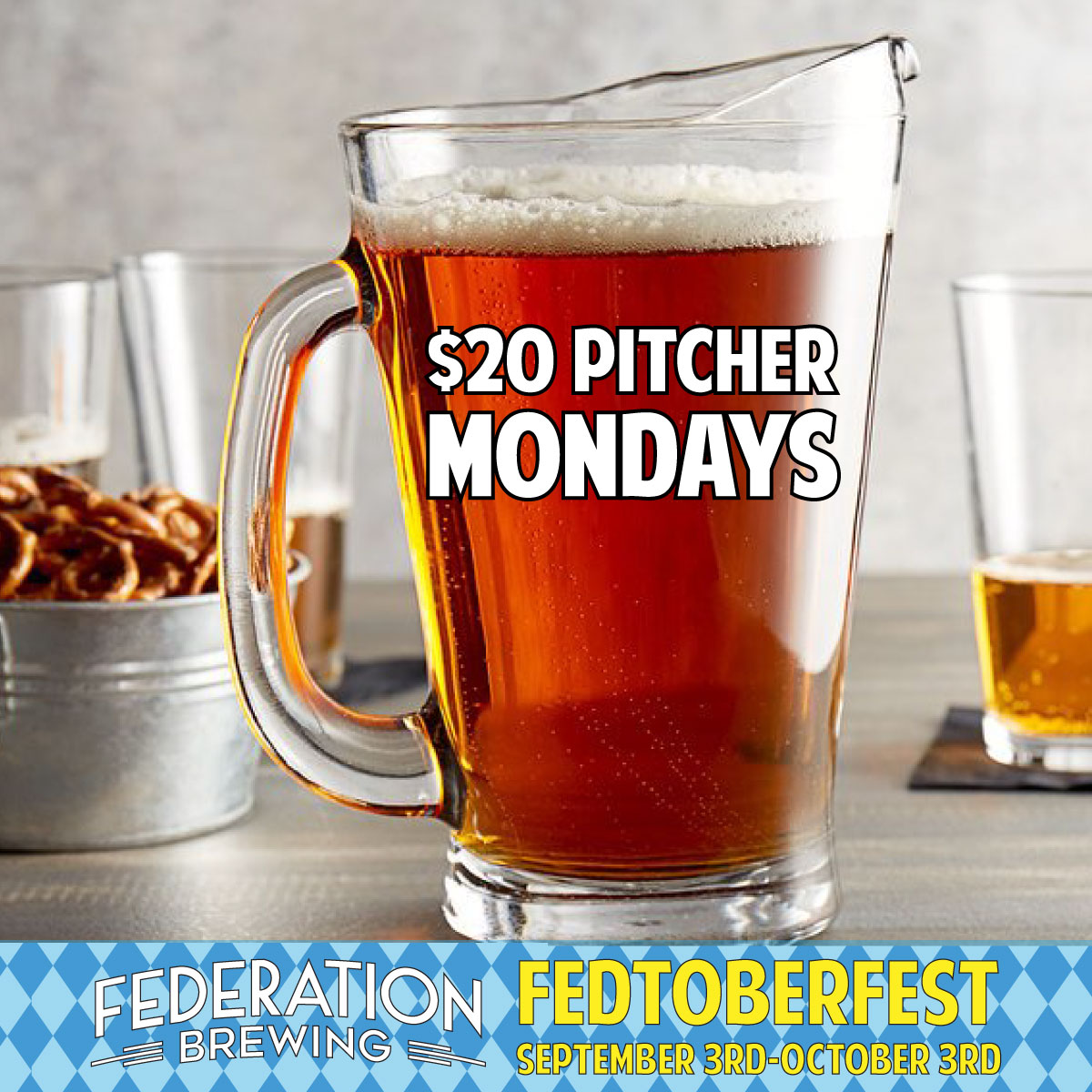 That's right! $20 Pitcher Mondays! 🍺 🍺 🍺 🍺Come enjoy our new Oktoberfest Altbier and a pretzel necklace! #Fedtoberfest  🥨And prezel necklaces #oakland #oktoberfest #fedtoberfest #californiabeer #craftbeer