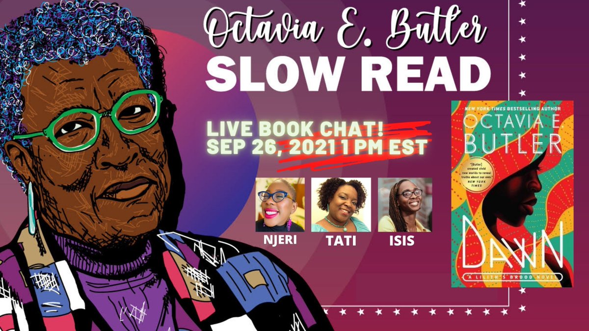 You feelin' that New Series Energy, <a href="/OebRead/">Octavia E. Butler Slow-Read</a> ?? #ReadOctaviaSlowly with me, Tati,and Isis today at 1:00 pm EDT for the Octavia E. Butler Slow Read! Tickets: $0-$20 The slowest and most luxurious Octavia E. Butler book club in the world. (yep, I claim it)
eventbrite.com/e/octavia-e-bu…