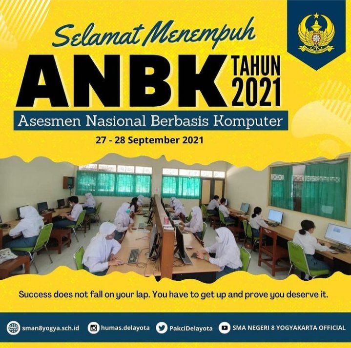 PakciDelayota's tweet photo. Selamat dan sukses menempuh
Asesmen Nasional Berbasis Komputer (ANBK) Tahun 2021 untuk siswa kelas XI yang terpilih mewakili Delayota. Mohon doa restu agar para siswa diberikan kemudahan, kelancaran dan kesuksesan. Aamiin.
#sman8jogja #sman8Yk #delayota #pakci8jaya #pakcijaya https://t.co/fYVF0zXByA