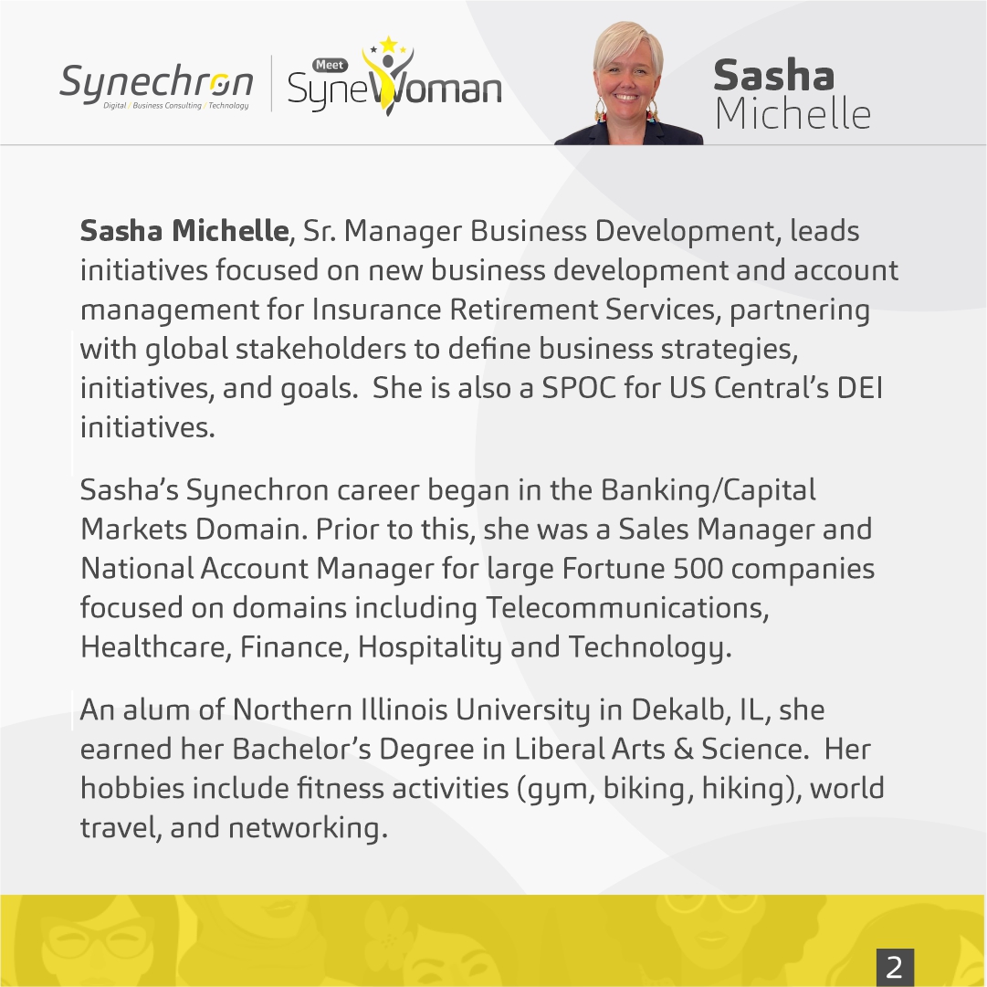 Synechron's tweet photo. Have you met our spotlighted #SyneWoman, Sasha Michelle, Sr. Manager, Business Development, Insurance Retirement Services? She is the #SPOC for our US Central unit’s #DEI initiatives, and a professed global ‘foodie’. Glad to have you, Sasha! Learn more about her background: https://t.co/RDo5CA0wv9